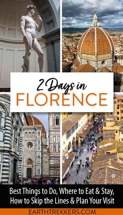 The perfect 2 days in Florence itinerary. Visit the highlights of Florence (the Florence Duomo, the Accademia Gallery, the Uffizi, stroll across Ponte Vecchio, and get the best views of Florence). Learn how to skip the lines, get recommendations on where to eat, where to stay, and more. San Lorenzo Market, Earth Trekkers, Florence Itinerary, Accademia Gallery, Florence Duomo, San Miniato, Florence Cathedral, Duomo Florence, Visit Florence