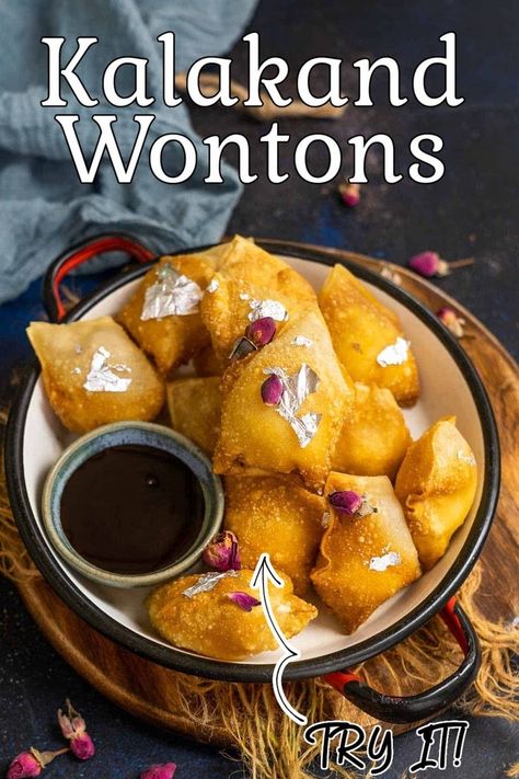 Easy Indian Dessert Recipes, Easy Indian Dessert, Diwali Snacks, Wonton Recipes, Fusion Dishes, Diwali Food, Sweet Dishes Recipes, Wonton Wrappers, Wontons