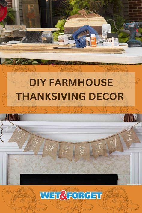 Give your home the farmhouse look with these 4 DIY projects! Farmhouse Thanksgiving Decor, Pallet Pumpkin, Farmhouse Thanksgiving, Pumpkin Outline, Holiday Fireplace, Foam Paint, Thanksgiving Signs, Farmhouse Look, Faux Pumpkins