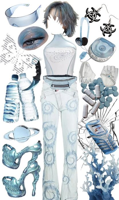 blue ice Outfit | ShopLook Frutiger Aero Outfits, Ice Outfit, Futuristic Glasses, 25 Birthday, Cut Out Jeans, Saturn Earrings, Frutiger Aero, Y2k Crop Top, White Halter Top