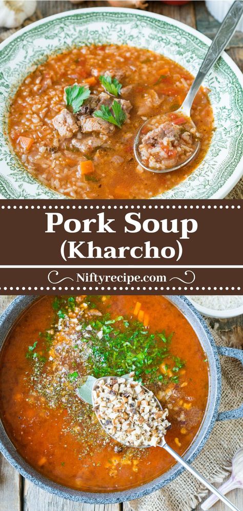 Pork Soup Kharcho is a hearty pork soup in tomato broth with a wonderful blend of spices and fresh herbs. Ground Pork Soup, Pulled Pork Soup, Pork Soup Recipes, Soup With Rice, Pork Broth, Pork Soup, Plum Sauce, Tomato Broth, Tomato Soup Recipes