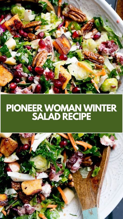 This delicious Pioneer Woman Winter Salad is a quick and nutritious meal perfect for chilly days. Packed with fresh kale, roasted butternut squash, and candied pecans, it’s a simple yet flavorful dish. You can easily swap ingredients like the goat cheese or apples to suit what you have on hand! Pioneer Woman Ultimate Winter Salad, Christmas Salad Half Baked Harvest, Winter Goat Cheese Salad, Root Vegetable Salad Recipes, Fall And Winter Salads, Winter Veggie Salad, Kale Salad Chicken, Roasted Butternut Salad, Winter Dinner Salad