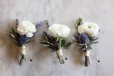 white ranunculus and thistle boutonnieres White Ranunculus Blue Thistle Boutonniere, Bachelor Button Boutonniere, Blue And White Buttonhole, Boutineer Ideas Purple, White And Purple Boutonniere, Eryngium Boutonniere, Ranunculus Buttonhole, Rustic Buttonholes, Coral Ranunculus