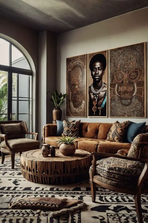 African Boho Living Room, Afrofuturism Aesthetic, African Decor Living Room, Home Decor Fireplace, Bohemian Style Living Room, Cozy Boho Living Room, Dream House Living Room, African Inspired Decor, Living Room Warm