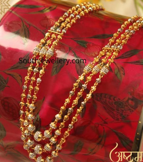 Three line gold balls mala photo Gundu Mala Designs With Pendant, Gundla Mala Necklaces, Gold Mala Designs Simple, Gold Mala Designs Antiques, Mala Gold Jewellery Designs, Gundu Mala Designs, Gundla Haram Designs, Gold Mala Designs, Step Chains In Gold Indian