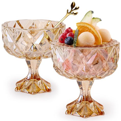 PRICES MAY VARY. 【Multi-functional & Elegant Cups】： You can use out dessert glass bowls for to serve ice cream, chocolate mousse, yogurt and fruit parfaits, small snacks and candies, and even martinis. The beautiful cups add an instant touch of elegance to any occasion and make even the simplest dessert look fancy. 【Tip-free Base】：Thick, weighted and sturdy, the base of this footed ice cream bowl is designed to provide stability and prevent tipping. Stops those awkwardly embarrassing moments bef Fruit Parfait Cups, Yogurt Parfait Cups, Sundae Cup, Parfait Cups, Parfait Desserts, Fruit Parfait, Glass Dessert Bowls, Glass Dessert, Ice Cream Spoon