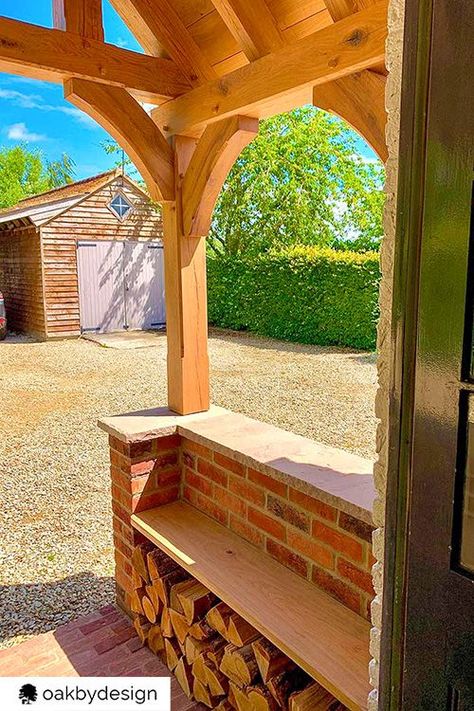 The oak seating on the inside of our clients oak porch doubles as a great log store Christmas Decorations Porch, Christmas Decor Porch, Christmas Decor Front Porch, Simple Front Porch, Porch Seating, Front Porch Seating, Oak Porch, Sas Entree, Timber Frame Porch