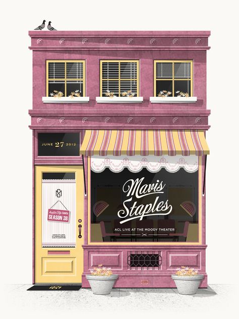 DKNG Studios - concert poster for Mavis Staples Dkng Studios, Mavis Staples, Building Illustration, Casas The Sims 4, Shop Illustration, House Illustration, Seni Cat Air, Building Art, Lukisan Cat Air