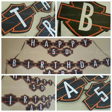 How cool is this Harley Davidson Banner. .For any orders please visit my Facebook or Instagram  at  Rajd Decor or email me at rajddecor@gmail.com Motorcycle Birthday Parties, Harley Davidson Birthday, Biker Birthday, Surprise 50th Birthday Party, Motorcycle Party, Biker Party, Harley Davidson Crafts, Motorcycle Birthday, Harley Davidson Baby