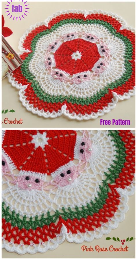 Christmas Crochet Santa Doily Free Crochet Patterns Holiday Crochet Patterns Annie's Craft Store, Crochet Neighbor Christmas Gifts, Christmas Doily Patterns Free, Grinch Crochet, Santa Crochet, Crocheted Christmas, Free Crochet Doily Patterns, Sewing Crochet, شال كروشيه