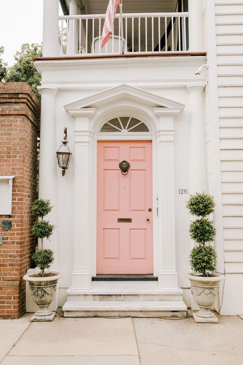 The prettiest houses in Charleston. We couldn't help but snap as many pictures as we could #Pink Pea Green Front Door, Coral House, Best Front Door Colors, Front Door Paint, Pink Front Door, Best Front Doors, Pink Paint Colors, Door Paint, Front Door Paint Colors