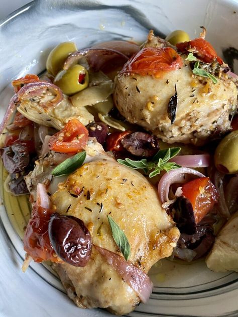 One Pan Roasted Greek Chicken 'Salad' - Hungry Happens Mediterannean Recipes, Hungry Happens, Balsamic Vinegar Chicken, Greek Chicken Salad, 4 Family, Greek Chicken, Skillet Meals, Sheet Pan Recipes, Got To Be