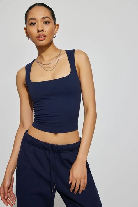 Amber Portrait Neck Tank Top, Mariana Blue Grey Sweats Outfit, Garage Tank Tops, Tight Tank Top, Square Neck Tank Top, Garage Clothing, Navy Blue Top, Tank Top Outfits, Woven Jacket, Square Neck Top