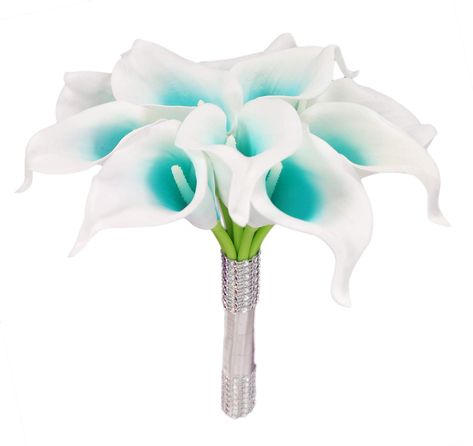 PRICES MAY VARY. The bouquet head is 7 inches in tight condition. It can be separated a little more manually. Good for bridesmaids, or a toss bouquet for bride. Latex real touch Calla lilies in Turquoise color, wrapped Silver ribbon and bling. Handmade, newly made after the order. Please buy in advance according to your use time, usually more than three weeks. If you want to change the color of flowers / ribbon, or have wedding floral made to order please contact Lily Garden. Calla Lily Centerpieces, Bouquet For Bride, White Calla Lily, Lily Vases, Lily Garden, Aisle Flowers, Wedding Brooch Bouquets, Bouquet Toss, Turquoise Wedding