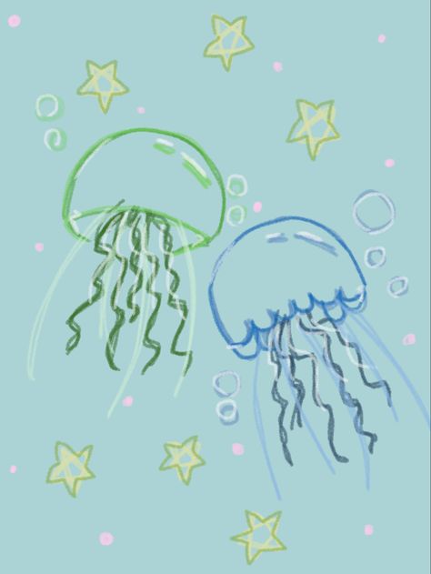 Sea Aesthetic Cartoon, Jelly Fish Cute Drawing, Cute Underwater Drawing, Sea Animals Aesthetic Drawing, Cute Jellyfish Drawing Easy, Ocean Doodles Aesthetic, Ocean Theme Drawings, Jellyfish Cute Drawing, Aesthetic Ocean Drawing