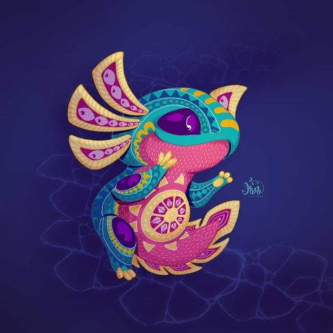 EN/RU  Hi! This is my Alebrije Axolotl for Character Design Challenge! Click on link in bio to support this cutie)) . . .  Тема прошлого… Painting Ideas, Yellow, Pink, Blue