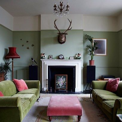 View stylish living room ideas, looking at all things green Sage Living Room, Green Walls Living Room, Sage Green Living Room, Faye Toogood, Victorian Living Room, Pink Living Room, Living Room Color Schemes, Front Rooms, Green Walls