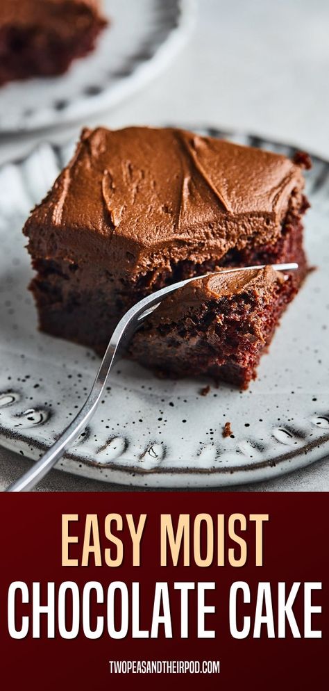 Easy Chocolate Cake with Chocolate Frosting is the perfect dessert for any occasion. This rich and moist chocolate cake is made in a 9×13-inch pan and finished with a smooth and creamy chocolate sour cream frosting. This is everyone’s favorite chocolate cake recipe! Chocolate Cake Mix Recipes Homemade, Million Dollar Chocolate Cake, Home Made Chocolate Cake Recipes, Chocolate Cake With Chocolate Icing, 8x8 Chocolate Cake Recipe, Chocolate Cake 9x13 Recipe, Light And Fluffy Chocolate Cake, Snack Cakes Recipes, Chocolate Cake With Applesauce