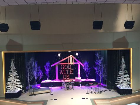 Childrens Ministry Christmas, Christmas Stage Decorations, Church Stage Decor, Christmas Stage Design, Church Building Design, Church Stage Design Ideas, Church Christmas Decorations, Starry String Lights, Christmas Stage