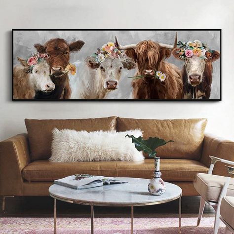 PRICES MAY VARY. 【Cow Wall Art Size】:24"x71"(60x180cm).floral cow wall art are unframed, you can choose to hang it or stick it on the wall according to your ideas. 【Funny Floral Cow Wall Art】:This farmhouse style wall art compines the funny cow and the simplicity of background making a fantastic effect, funny floral cow canvas painting can easily complement your home decor. Hope this chic farmhouse animal pictures can brighten your home and share your happiness and joy with us. 【Perfect Home Dec Above Couch Decor Farmhouse, Cow With Flowers Painting, Highland Cow Pictures, Cow With Flowers, Unique Farmhouse Decor, Wall Art Funny, Cow Wall Art, Cow Decor, Cow Pictures