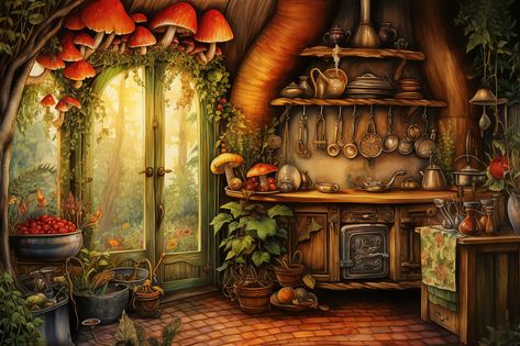 A magical toadstool kitchen for a fairy, gnome, or little tiny witch. This cozy kitchen right out of a fairytale gives a peek into a magical realm where toadstools grown on the kitchen walls and a magical garden is just beyond the door.  Your space should reflect who you are and what you care about. Adding a pop of color to your walls is an easy way to inject some personality into any room and put a smile on your face. * Paper thickness: 10.3 mil * Paper weight: 5.57 oz/y² (189 g/m²) * Giclée pr Fairy House Interior Illustration, Witch Cottage Interior, Fairy Kitchen, Toadstool Fairy, Witches Cottage, Fairy Gnome, Witch Fairy, Kitchen Illustration, Kitchen Drawing