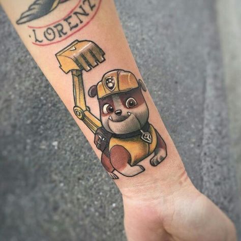 Paw patrol rubble tattoo Paw Patrol Tattoo, Creativity Tattoo, Cartoon Tattoo Designs, Rubble Paw Patrol, Uv Tattoo, Cartoon Tattoo, Tattoos Art, Illustrations Art, Fashion Cartoon