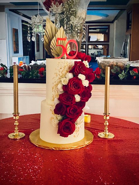 Red roses with gold cascade. Two Tier birthday cake Elegant 50th Birthday Cake, Red And Gold Birthday Cake, Two Tier Birthday Cake, 50th Birthday Cake For Women, Tier Birthday Cake, Leopard Birthday, Tiered Cakes Birthday, Gold Birthday Cake, Two Tier Cake