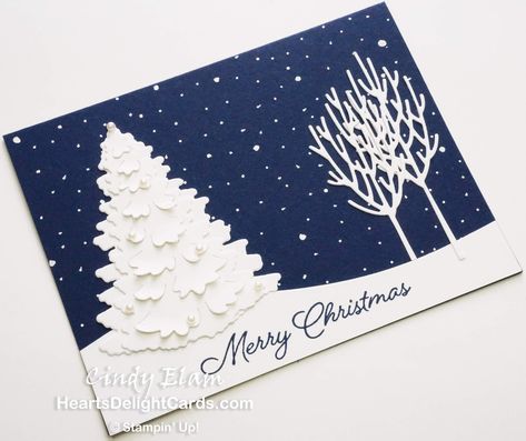 Heart's Delight Cards, Winter Woods, In the Woods Framelits, Christmas Card, Stampin' Up! Christmas Tree Metal, Winter Karten, Stampin Up Weihnachten, Christmas Card Tutorials, Christmas Cards 2018, Stamped Christmas Cards, Winter Woods, Wood Card, Christmas Stencils