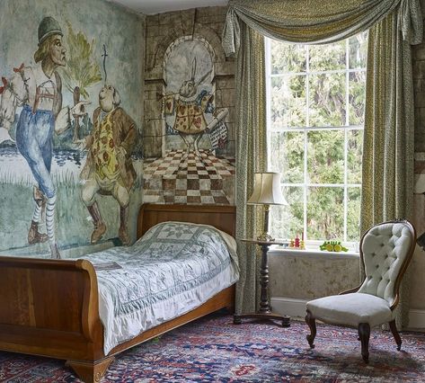 Wonderland Bedroom, Alice In Wonderland Bedroom, Country Life Magazine, Colorful Room Decor, Alice In Wonderland Aesthetic, Bedroom Design Inspiration, Photography Day, Painted Walls, Hand Painted Walls