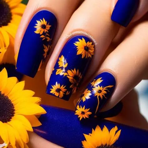 26 Cute Sunflower And Butterfly Nail Designs For Short Nails Sunflower Nails Design, Sunflower Nail Ideas, Blue Gold Nails, Sunflower Nail, Sunflower Nail Art, Nail Designs For Short Nails, Designs For Short Nails, Butterfly Nail Designs, Neon Nail Designs