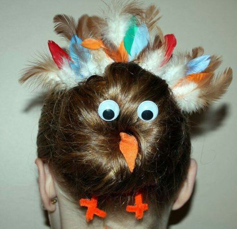 Turkey! Thanksgiving Hairstyles, Bun Ideas, Thanksgiving Hair, Wacky Hair Days, Holiday Hair, Crazy Hats, Crazy Hair Day, Wacky Hair, Crazy Hair Day At School