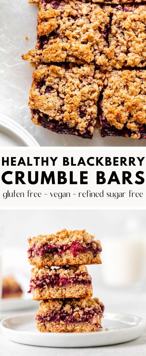 These healthy Blackberry Oat Crumb Bars are an easy, delicious, healthy dessert or snack! They are made with only 7 ingredients and only 10 minutes of prep time. Plus, they are gluten free, vegan-friendly, and have no refined sugar! #glutenfree #vegan #refinedsugarfree #blackberry #crumblebars #blackberryrecipe #bakedambrosia | bakedambrosia.com No Refined Sugar Desserts, No Sugar Desserts, Healthy Calories, Blackberry Crumble, Crumb Bars, Blackberry Recipes, Clean Eating Desserts, Crumble Bars, Oat Bars