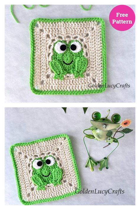 Frog Square Free Crochet Pattern Frog Granny Square, Crochet Baby Projects, Crochet Afgans, Crochet Frog, Crochet Blocks, Crochet Quilt, Beginner Crochet Projects, Crochet Square Patterns, Granny Squares Pattern