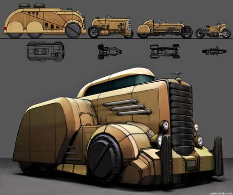 Burham Diesel by gausswerks on DeviantArt Dieselpunk Vehicles, Steampunk Vehicle, City Vehicles, Diesel Punk, Concept Car Design, Weird Cars, Retro Futuristic, Futuristic Cars, Fantasy Concept Art