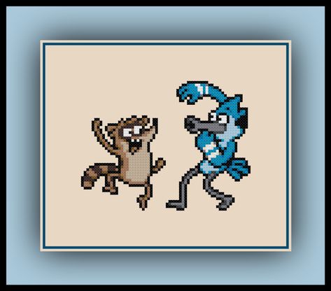 Mordecai And Rigby, Geeky Cross Stitch Patterns, Geeky Cross Stitch, Regular Show, Stitch Cartoon, Anime Pixel Art, Pixel Pattern, Cartoon Network Adventure Time, Adventure Time Art