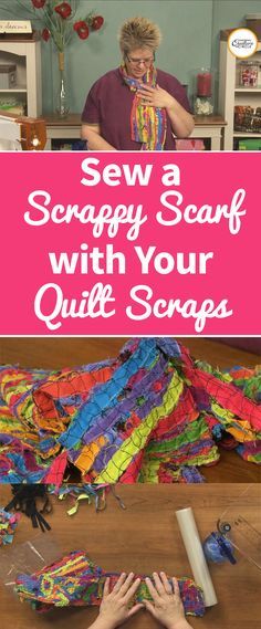 A scrappy scarf is not only a great way to use up small leftover pieces of fabric, but it makes for a great accessory too. Heather Thomas shows you how to make a scrappy scarf by stitching together layers of fabric bits sandwiched between stabilizer. Scrap Fabric Scarf, Scarf Quilt How To Make, Scrappy Scarf Diy, Quilted Scarf Pattern, How To Make A Scarf, Patchwork Scarf Tutorial, Tattoo Sleeve Patchwork, Fabric Crafts Ideas, Tattoo Ideas Patchwork