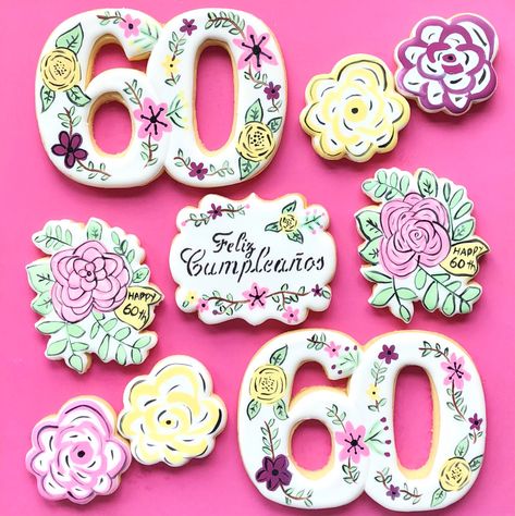 60th Cookies Birthday, 60th Cookies, 60th Birthday Cookies, Painted Cookies, Hand Painted Cookies, Cookies Birthday, Paint Cookies, Flower Cookies, Birthday Cookies