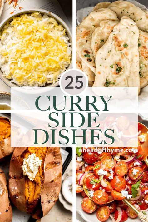 Looking for a delicious side dish to serve with the curry recipe that you are planning for dinner? If you are wondering "what to serve with curry", you are in the right place. We are sharing over 25 of the most popular and best side dishes for curry including everything from traditional sides like rice and bread, to unconventional pairings like potatoes, to veggie sides and fresh salads, and more. | aheadofthyme.com #currysides #currysidedishes #sidedishes #sidedishesforcurry via @aheadofthyme Salad For Curry Dish, Side Dishes For Curry, Curry Side Dishes, Easy Roasted Cauliflower, Creamy Mashed Potatoes Recipe, Sweet Potato Fritters, Rice On The Stove, Oxtail Recipes, Best Curry