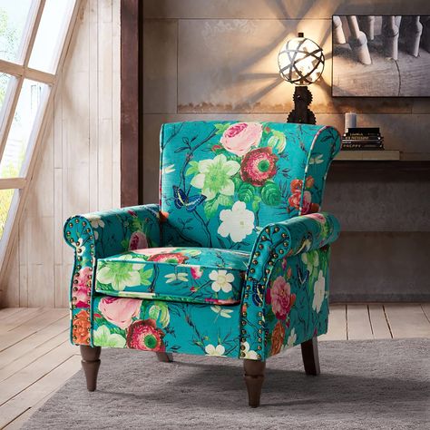 Floral Armchair, Single Couch, Wingback Accent Chair, Floral Chair, Blue Armchair, Wooden Armchair, Single Sofa Chair, Upholstered Chair, Accent Arm Chairs