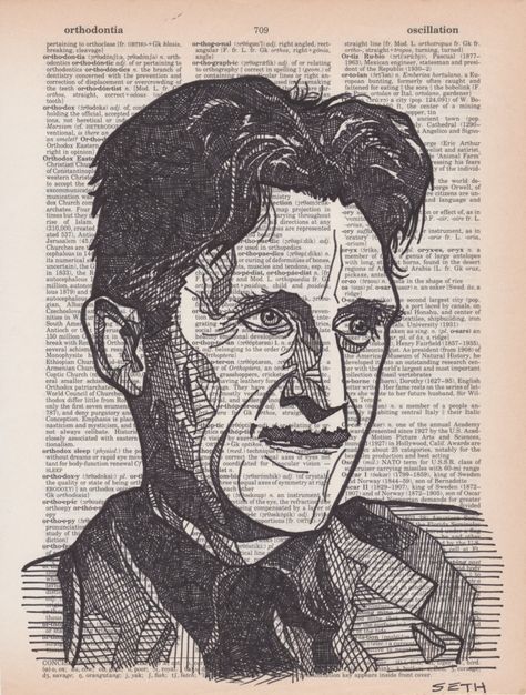 This is a luster photo print of a black ink drawing of George Orwell drawn on an aged and yellowed dictionary page containing his namesake. Simpsons Characters, Dictionary Page, Illustration Art Drawing, Unusual Art, George Orwell, Ink Drawings, Portrait Sketches, Ink Drawing Illustration, Pen Ink