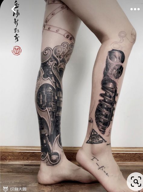 Steampunk Leg Tattoo, Cyberpunk Leg Tattoo, Side Leg Tattoo, Biomechanical Tattoo Design, Calf Tattoo Men, Robot Tattoo, Trippy Tattoo, Gear Tattoo, Cyberpunk Tattoo