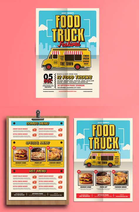 Pop Art Food Truck Flyer and Menu Template PSD, AI Food Truck Flyer, Pop Art Food, Art Restaurant, Menu Design Template, Pizza Burgers, Flyer Poster, Art Food, Menu Template, Text Image