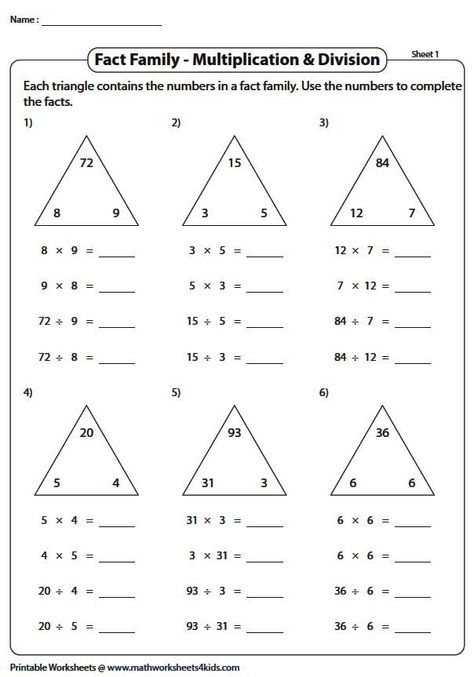 multiplication and division of integers worksheets Related Facts Multiplication And Division, Fact Families Multiplication Division, 3rd Grade Division Worksheets, Multiplication And Division Fact Family, Division Facts Worksheets, Math Worksheets For Kids, Division Fact Families, Fact Family Worksheet, Multiplication And Division Worksheets