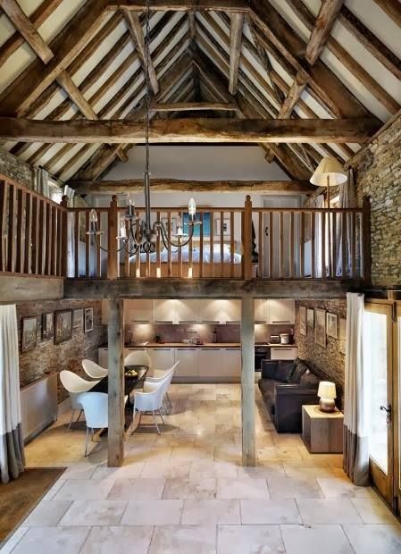 antresola Barn House Conversion, Barn Conversion Interiors, Tiled Floor, Barn Interior, Spacious Kitchen, Barn Renovation, Loft Bedroom, Barn Style House, A Frame House