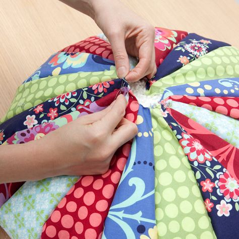 Make a patchwork footstool | Make a colourful patchwork pouffe | Crafts | Ideal Home Diy Pouffe, Pouffe Pattern, Home Kitchen Ideas, Patchwork Upholstery, Diy Pouf, Necktie Quilt, Necktie Crafts, Diy Ottoman, Tie Crafts