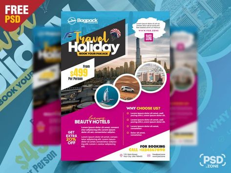 Download Free Travel Agency Flyer Ads Poster PSD Template. This Travel Agency Flyer Ads Poster PSD Template perfect for promoting for tour operators and travel agents specialist in day tours, tour packages, vacations, hiking and camping, city tours, any travel packages etc. The Travel Agency Flyer Ads Poster PSD Template comes with smart object layer feature, you can easily replace the images and edit the content using Adobe Photoshop. Download contains a A4 size, 300 dpi, print-ready, RGB PSD f Ads Poster, Free Psd Flyer, Hiking And Camping, Psd Flyer, Poster Psd, Graphic Design Company, Graphic Design Photoshop, Psd Template Free, Holiday Books