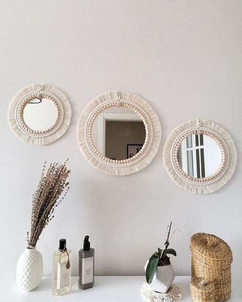 Minimalist finds for your home and kitchen ✨ Beads Hand Embroidery, Macrame Inspiration, Boho Mirror, Macrame Mirror, Wall Mirrors Set, Aesthetic Mirror, Decorative Wall Mirror, Mirror Crafts, Boho Painting