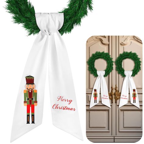 Christmas Wreath Sash, Classic Outdoor Christmas Decorations, Wreath With Sash, Christmas Nutcracker Decorations, White Nutcracker, Wreath Sashes, Nutcracker Pattern, Classic Nutcracker, Wreath Sash