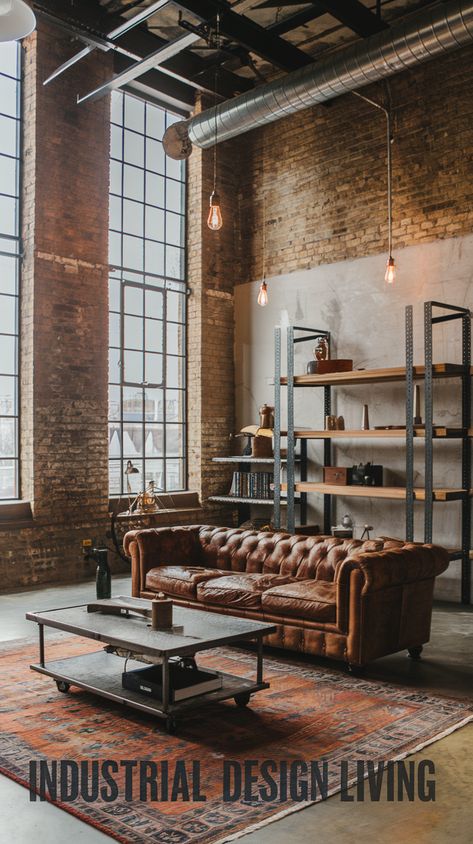 Modern industrial living room with exposed brick walls, metal beams, tower factory windows, distressed leather sofa, vintage Persian rug, Edison bulb lights, and repurposed factory cart coffee table. Vintage Industrial Aesthetic, Industrial Rustic Interior Design, Homely Aesthetic, Industrial Chic Living Room, Industrial Living Room Ideas, Living Room Stand, Loft Style Living, Industrial Living Room, Living Room Stands