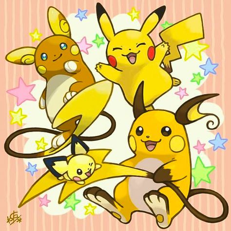 Raichu, Alolan Raichu, Pikachu & Pichu Pokemon Pikachu Evolution, Pikachu Family, Electric Pokemon, Fictional Species, Pichu Pikachu Raichu, Pikachu Evolution, Pichu Pokemon, Pikachu Raichu, Pikachu Tattoo